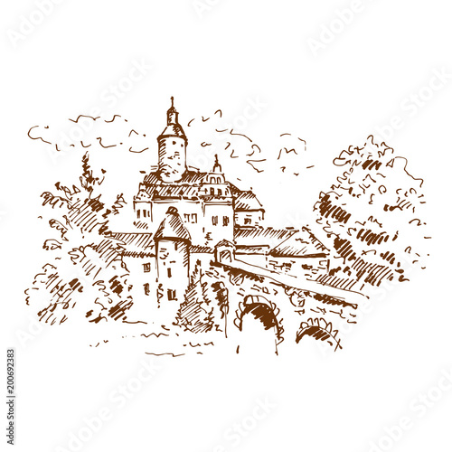 Medieval castle sketch. Hand drawn vector illustration.