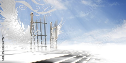 Gates of heaven concept wrapped in wings and ornaments over raised stair (version 2 - light atmosphere) - 3d high resolution rendering. photo