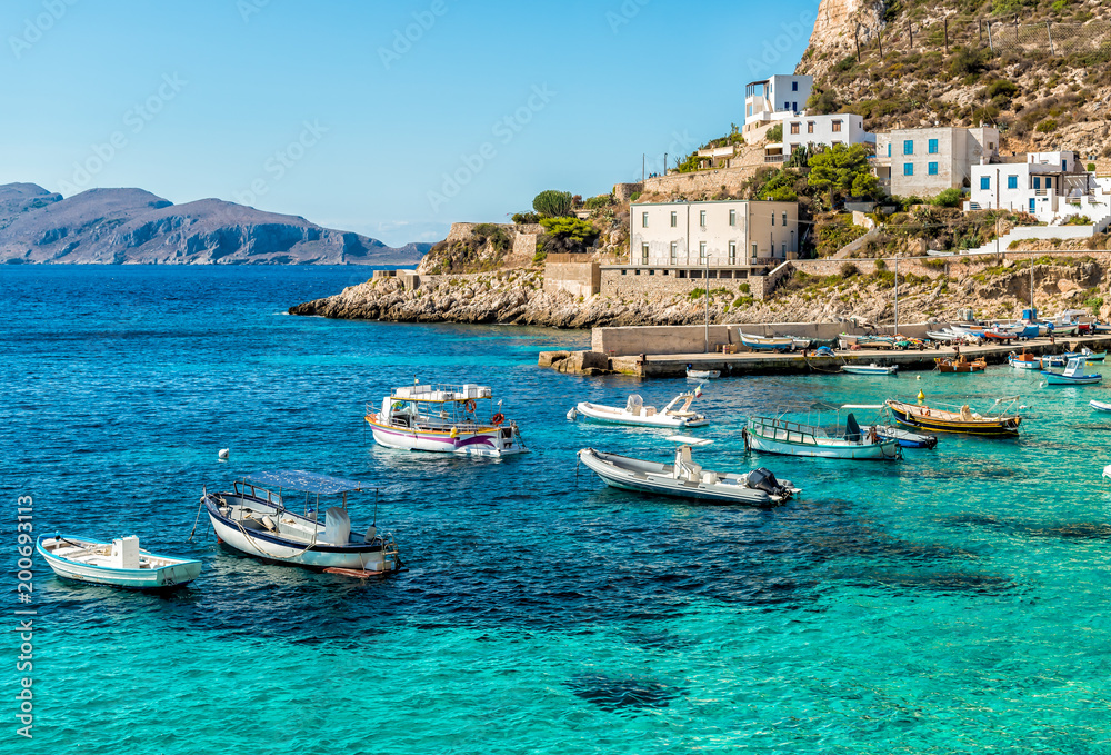 View of Levanzo Island, is the smallest of the three Aegadian islands in the Mediterranean sea of Sicily, Trapani, Italy