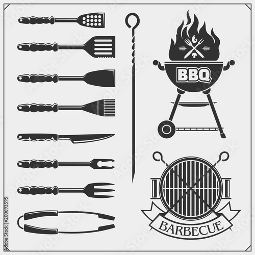 BBQ set. Steak icons, BBQ tools and labels and emblems. Vector monochrome illustration.