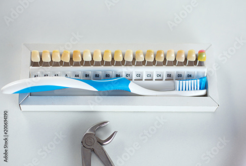 Dental model and dental equipment on blue background, concept image of dental background. dental hygiene background photo
