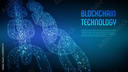 Block chain. Crypto currency. Blockchain concept. 3D wireframe chain with digital code. Editable cryptocurrency template. Stock vector illustration.