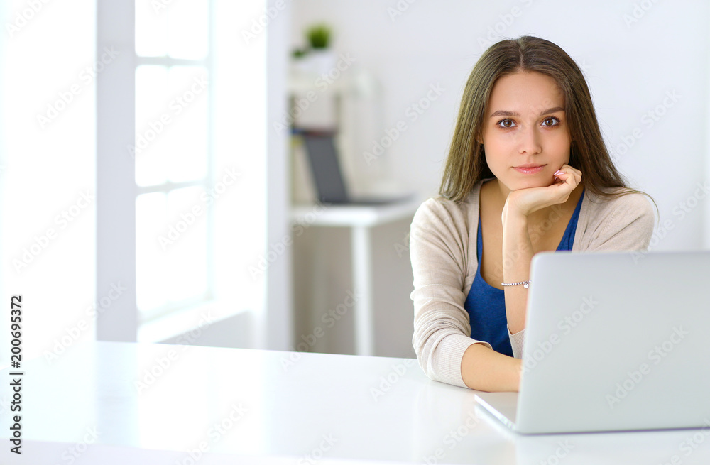 Beautiful young woman using laptop computer at the desk Beautiful young woman using laptop computer at the desk