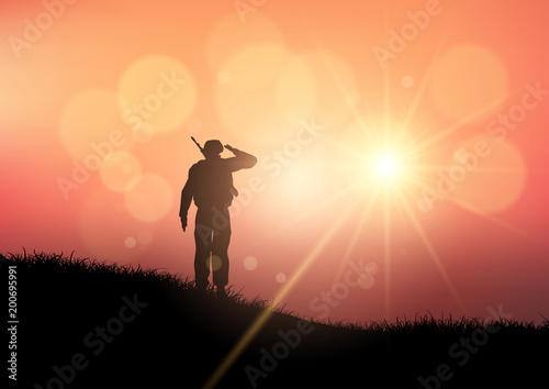 Soldier saluting at sunset