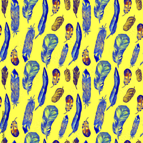 Seamless pattern with watercolor feathers. Can be used for textile print, design tile, wallpaper, abstract background.