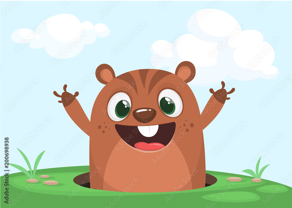 Cartoon cute marmot looking out of a hole. Happy groundhog day. Vector illustration Cartoon cute marmot looking out of a hole. Happy groundhog day. Vector illustration