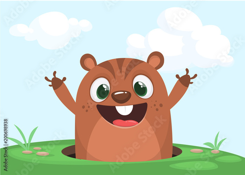 Cartoon cute marmot looking out of a hole. Happy groundhog day. Vector illustration