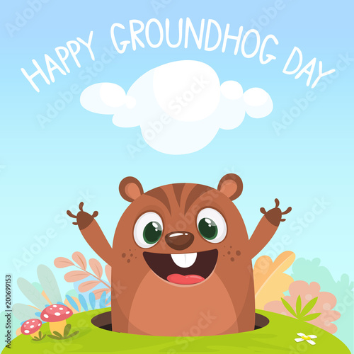 Cartoon funny marmot looking out of a burrow in the ground on a spring background with bushes, grass and flowers. Happy Groundhog day
