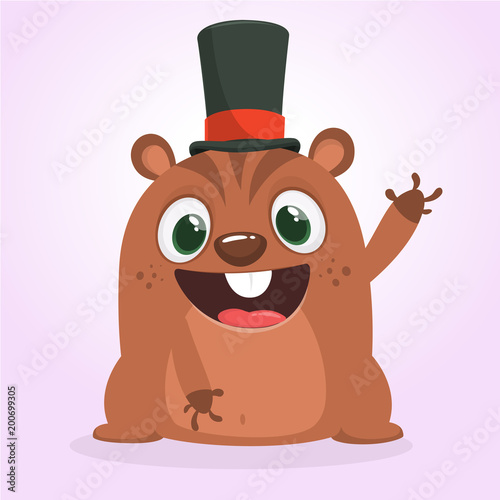 Cartoon marmot or chipmunk in major hat. Vector illustration. Groundhog day. Party invitation