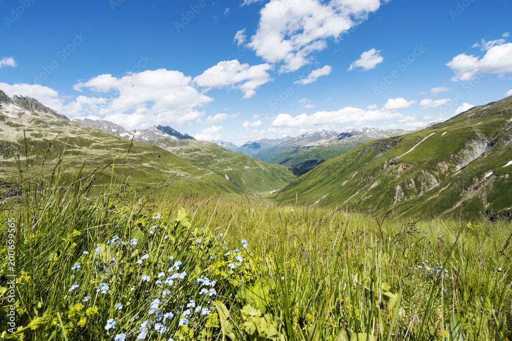 Schweizer Berglandschaft im Frühling bei bewölktem Himmel mit Bergpanorama Schweizer Berglandschaft im Frühling bei bewölktem Himmel mit Bergpanorama