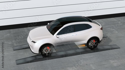 Electric SUV car exchange battery in battery swapping station. Fast battery exchange solution.  3D rendering animation.