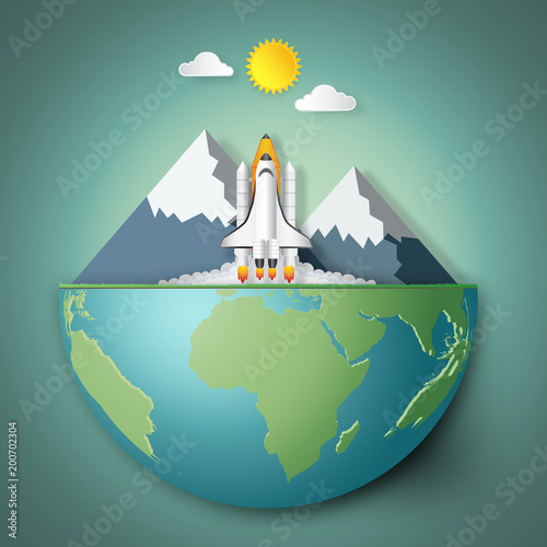 Rocket launch on green hemisphere world as nature, saving, earth day, start up and paper art style concept. vector illustration. © ImagineDesign