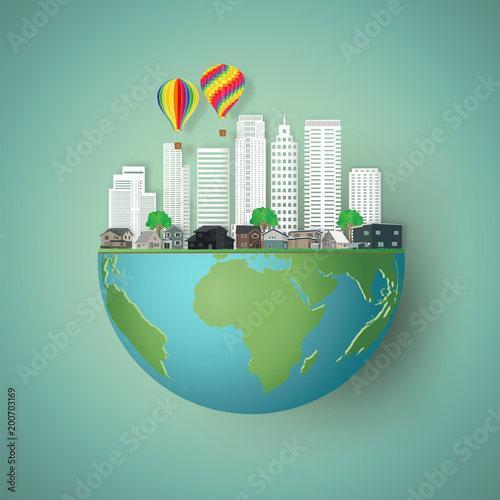 Modern buildings cityscape and houses with colorful balloons on hemisphere green world as business, nature, eco and love earth day concept. vector illustration of paper art and craft style.