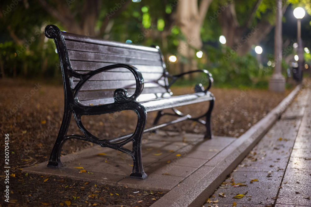 A vacant park bench in Hyde Park, Sydney Australia at night A vacant park bench in Hyde Park, Sydney Australia at night