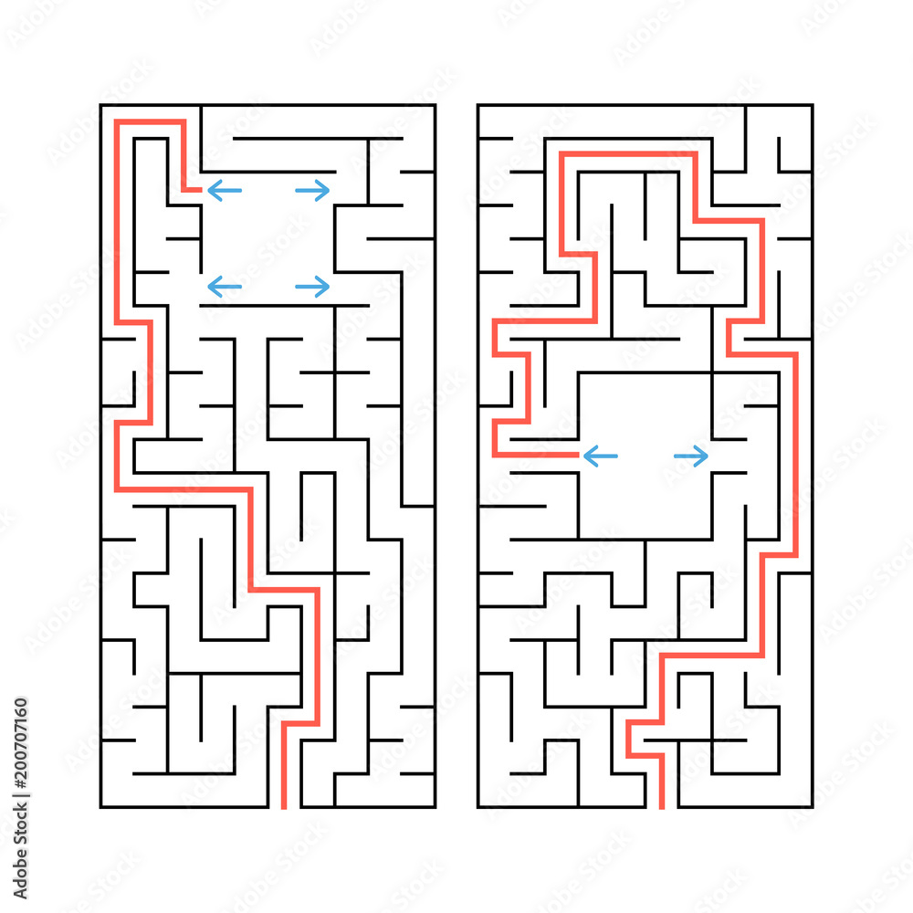 A set of two rectangular labyrinths. Simple flat vector illustration isolated on white background. With the answer.