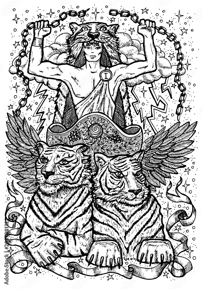 Tiger symbol. Chariot with athletic man, tiger beasts and mystic signs. Fantasy vector illustration for t-shirt, print, card, tattoo design. Zodiac animals signs of eastern calendar