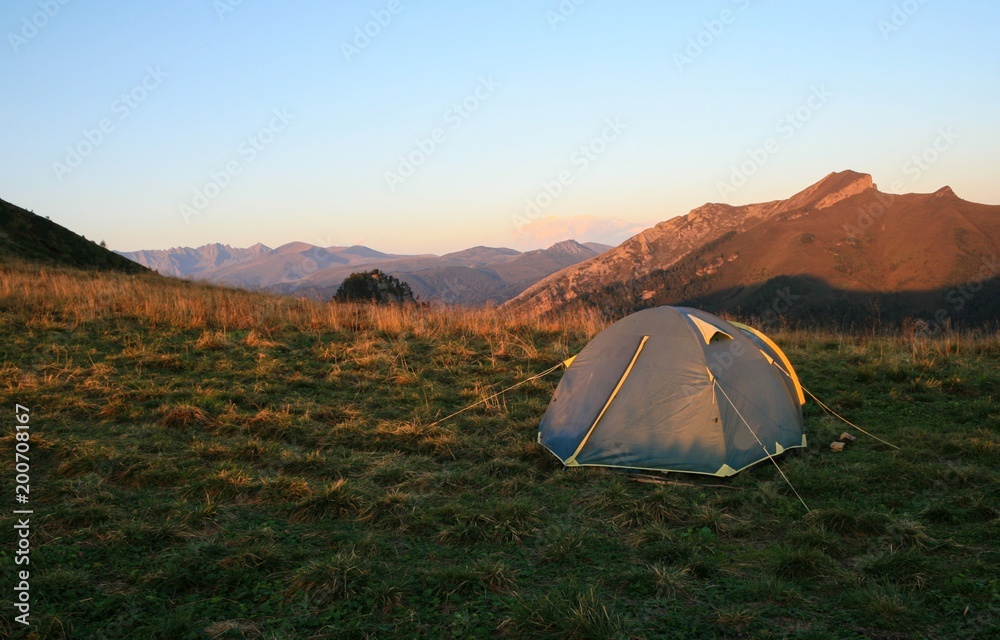 Tourist tent in the Caucasus mountains 