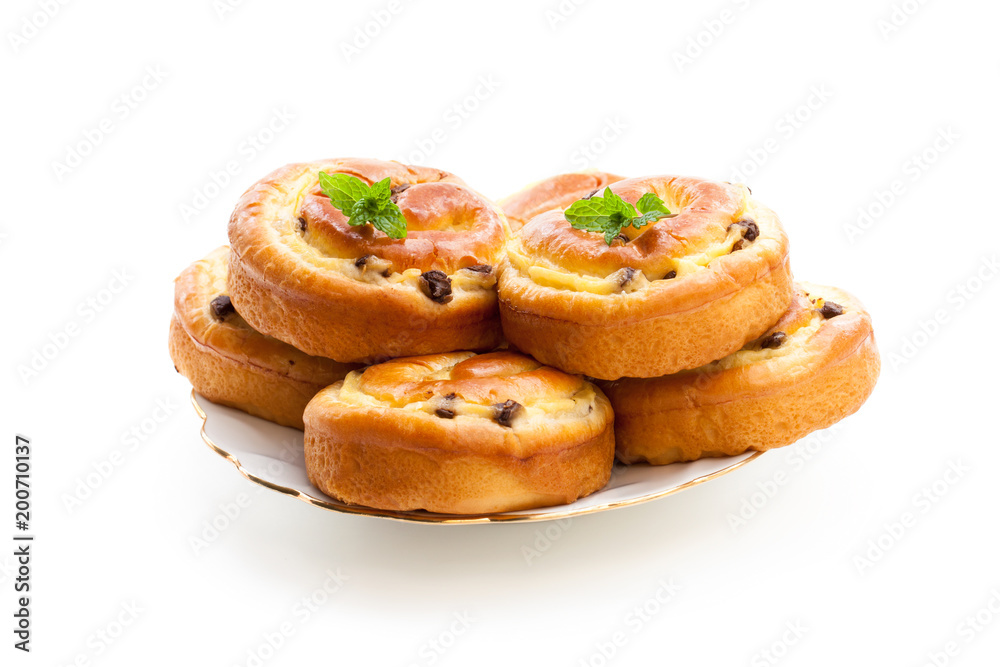 Chocolate  chip brioche swirls isolated on white