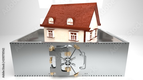 Small white house with a roof made of red shingles surrounded by a metal wall secured by a round metal bank vault doors, white background, isolated, symbolizes high house prices and mortgages photo