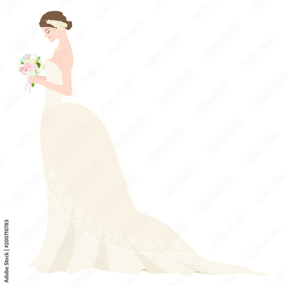 ブーケを持ったウェディングドレスの若い花嫁のイラスト Stock Vector Adobe Stock