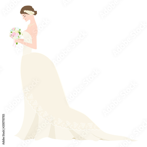 ブーケを持ったウェディングドレスの若い花嫁のイラスト Stock Vector Adobe Stock