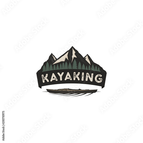 Kayaking vintage badge. Mountain explorer label. Outdoor adventure logo design. Wilderness, forest camping emblem. Outdoor adventure logo template. Stock vector