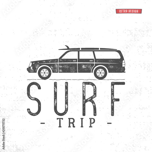 Surf trip concept Vector Summer surfing retro badge. Beach surfer emblem , motorcycle outdoors banner. Surfer icon design. For summer Logotype, label, party brochure. Stock vector poster isolated