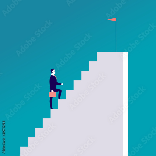 Vector business concept illustration with businessman walking up the stairs with flag on it isolated on blue background. Career, aspirations, reaching aims, motivation, growth, leadership - metaphors.
