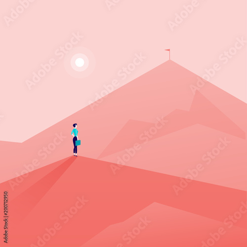 Vector business concept illustration with business lady standing on mountain peak and watching at new top. Metaphor for new aims and goals, purposes, achievements and aspirations, motivation.