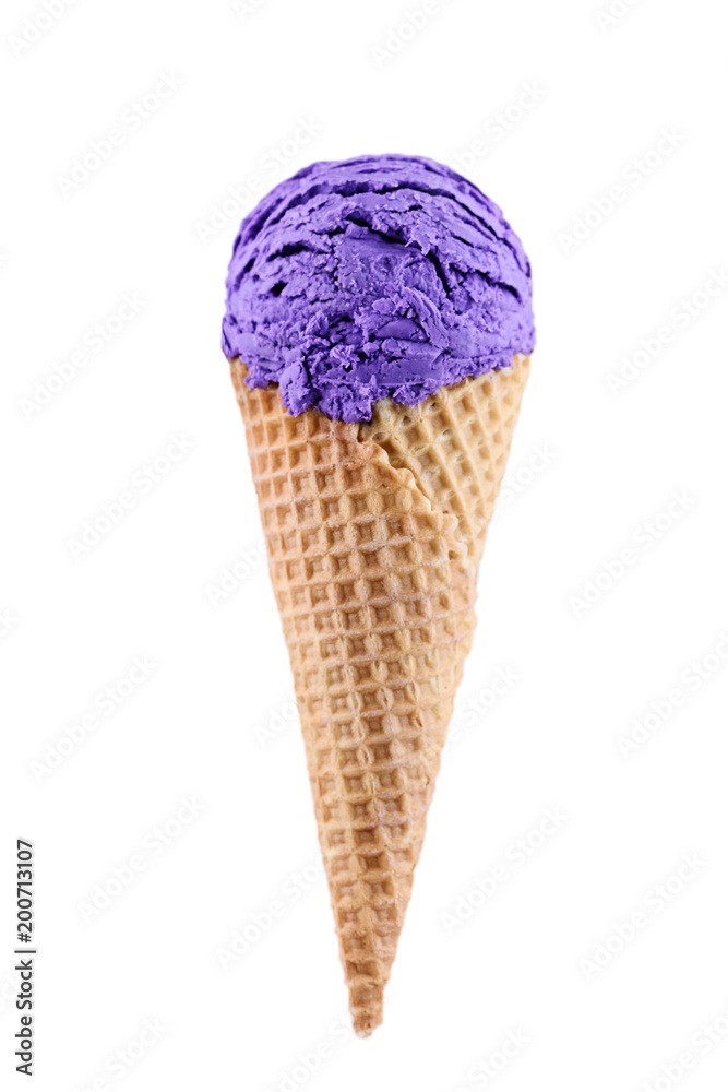 Blueberry ice cream with cone isolated on white background Blueberry ice cream with cone isolated on white background