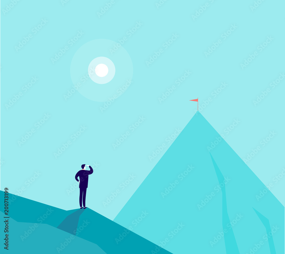 Vector business concept illustration with businessman standing on mountain peak and watching at new top. Metaphor for new aims and goals, purposes, achievements and aspirations, motivation.