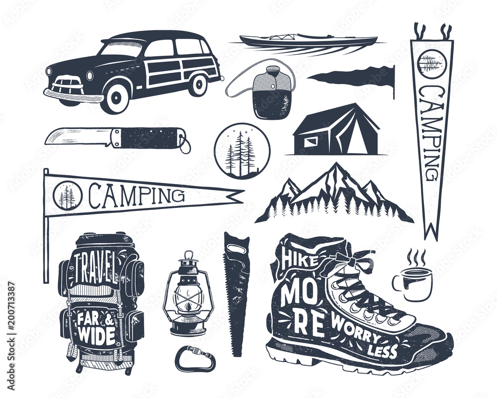 Vintage hand drawn adventure symbols, hiking, camping shapes of backpack, pennant, kayak, surf car, lantern. Retro monochrome design. For t shirts, prints. Stock vector silhouette icons isolated