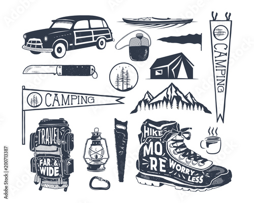Vintage hand drawn adventure symbols, hiking, camping shapes of backpack, pennant, kayak, surf car, lantern. Retro monochrome design. For t shirts, prints. Stock vector silhouette icons isolated
