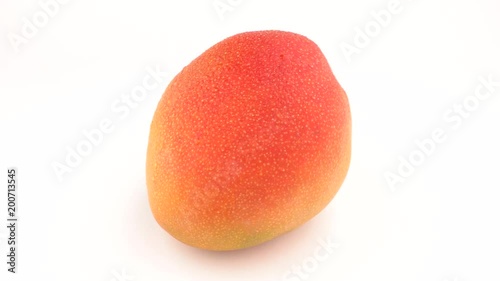 Mango fruit rotating on turn table. Isolated on white background. Loopable. Close up macro. Angled view. photo