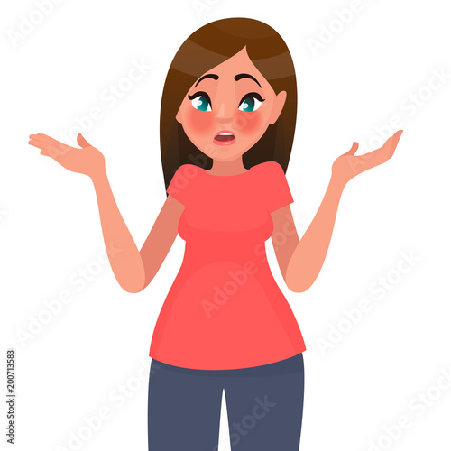 Gesture oops, sorry or I do not know. The woman shrugs her shoulders and spreads her hands. Vector illustration