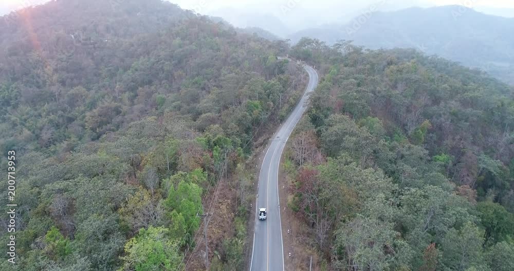 Aerial Shot Of Car Driving Through Forest Road Drone Travel Countryside Adventure Tree Slow Motion Autumn Nature Scenic Sunlight