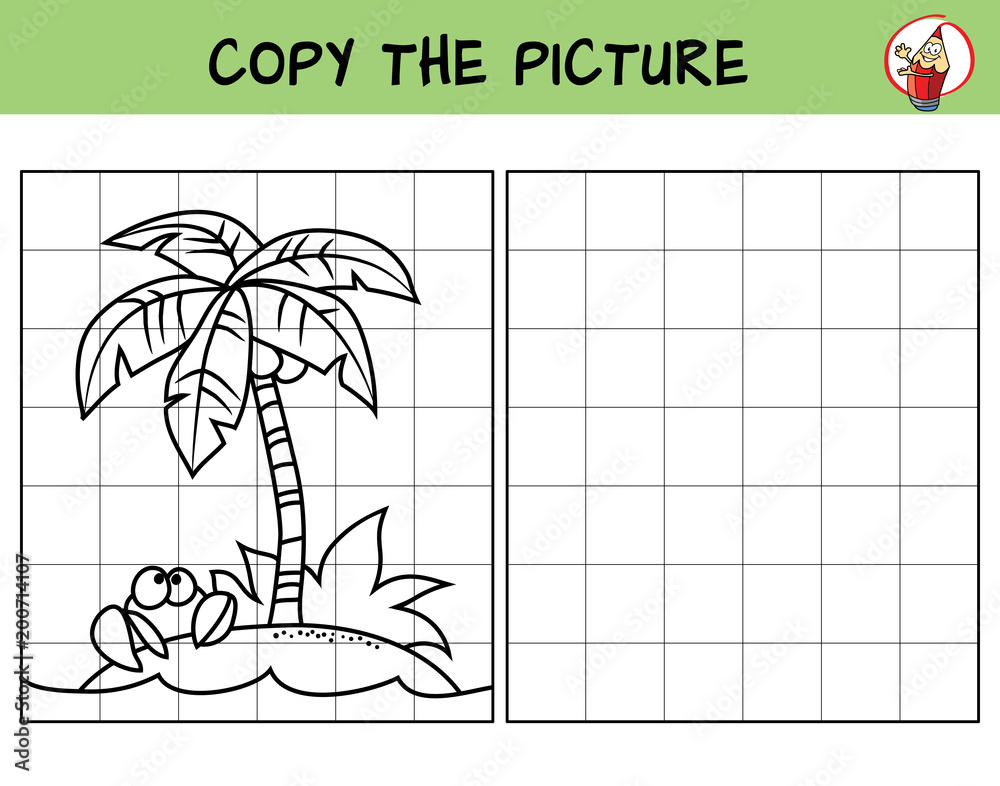Fototapeta premium Small tropical island with coconut palm and crab. Copy the picture. Coloring book. Educational game for children. Cartoon vector illustration