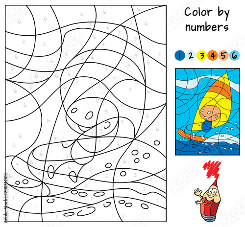 Windsurfing. Color by numbers. Educational puzzle game for children. Coloring book. Cartoon vector illustration