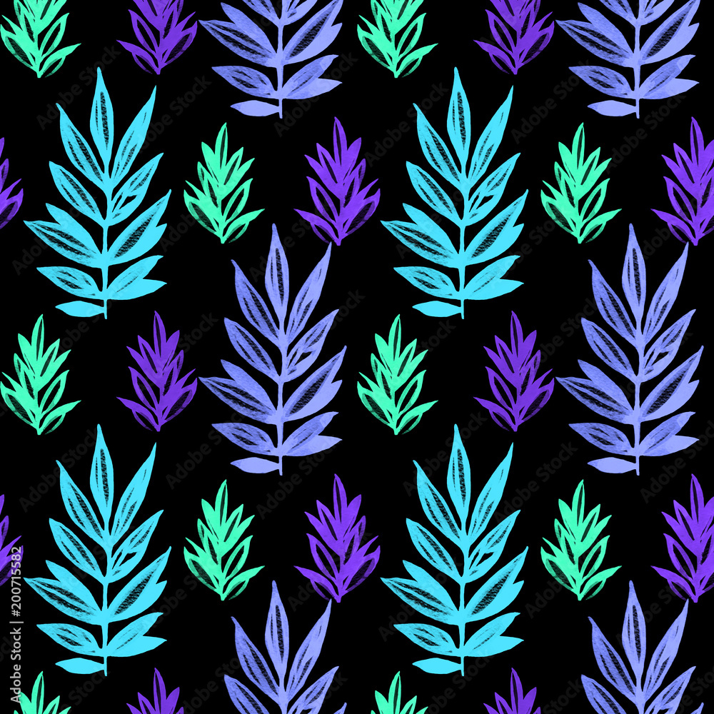 Floral seamless pattern with purple and blue leaves watercolor on black. Abstract colorful illustration