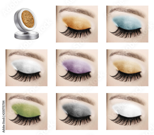 Cosmetic solid eyeshadows, high resolution examples on woman eyelids, beauty products isolated on white background, clipping paths included