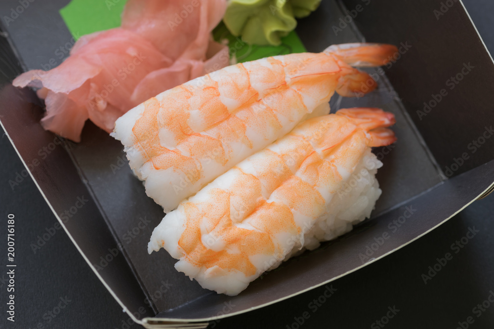 Sushi: takeaway set of prawn nigiri with ginger and wasabi Sushi: takeaway set of prawn nigiri with ginger and wasabi