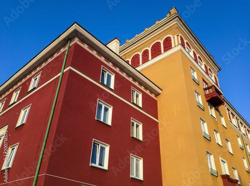Red and orange buildings built in Sorela architectural style in Havirov