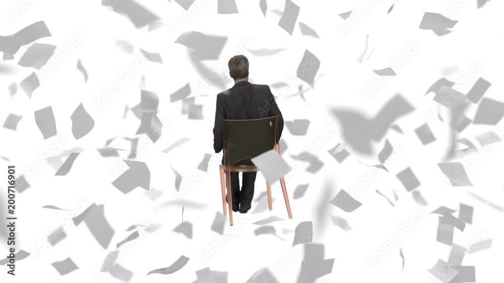 businessman among flying  paper sheets, looping