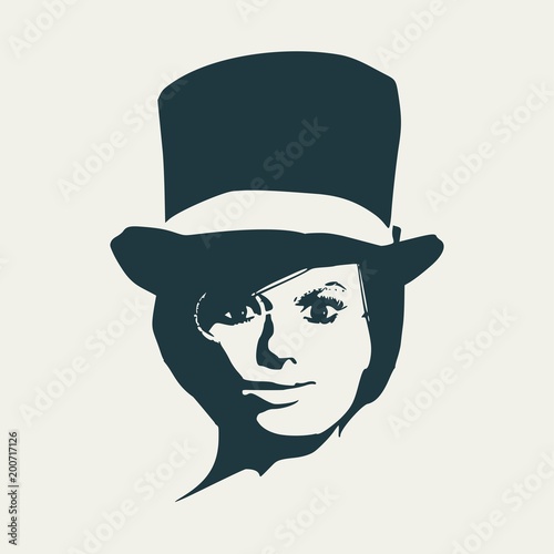 Face front view. Elegant silhouette of a woman wearing top hat and spectacles