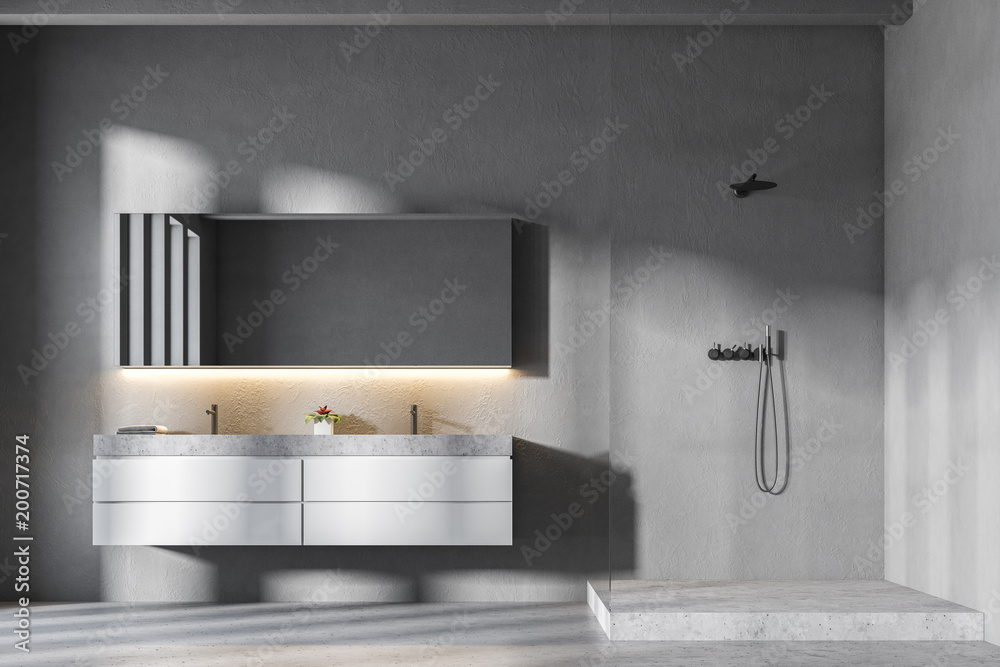 Double sink gray bathroom with shower Double sink gray bathroom with shower