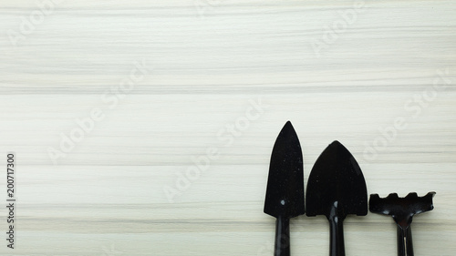  garden tool  on white wood table flat lay image.