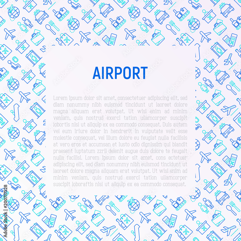 Airport concept with thin line icons: check-in counter, gates, boarding pass, escalator, toilet, food court, baggage claim, wrapping service, duty free, departures, arrivals. Vector illustration. Airport concept with thin line icons: check-in counter, gates, boarding pass, escalator, toilet, food court, baggage claim, wrapping service, duty free, departures, arrivals. Vector illustration.