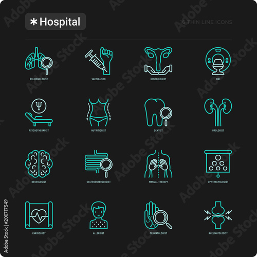 Hospital thin line icons set for doctor's notation: neurologist, gastroenterologist, manual therapy, ophtalmologist, cardiology, allergist, dermatologist. Vector illustration for balck theme.