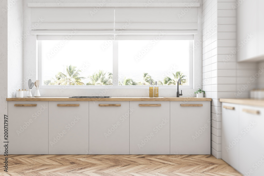 White kitchen countertops under window Stock Illustration | Adobe Stock
