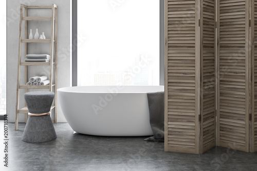 White and wooden luxury bathroom interior